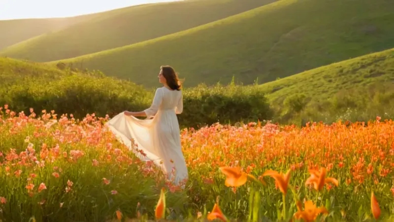 Mujer pasea entre lirios al atardecer