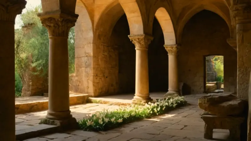 Luz ilumina una figura entre antiguas ruinas
