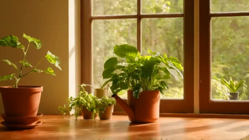 Persona cuida planta junto a la ventana