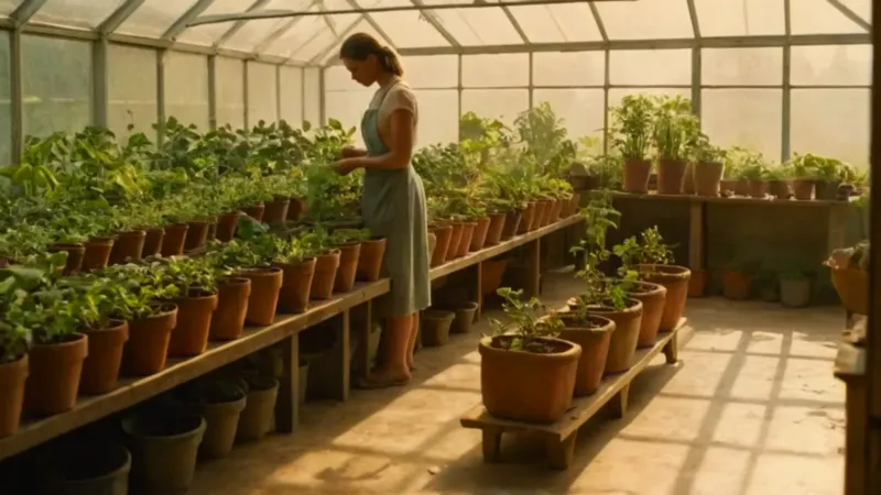 Una mujer cuida plantas en un invernadero