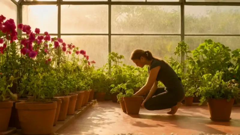 Alguien cuida plantas dentro de un invernadero