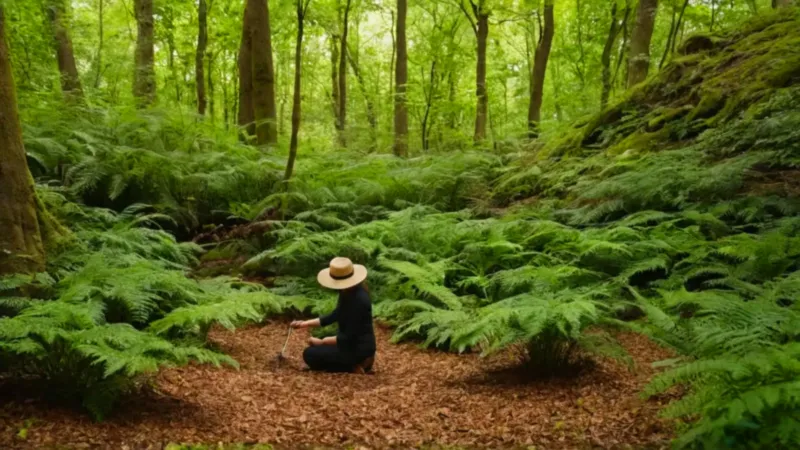 Cuidando un jardín en el bosque