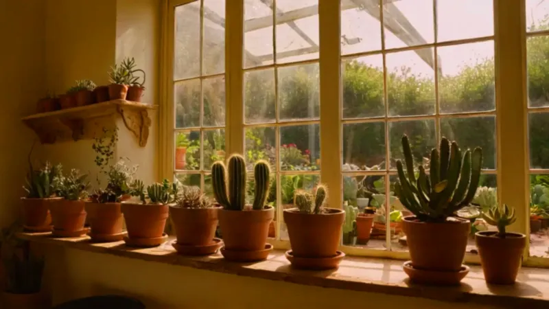 Cuidando una planta en un invernadero luminoso