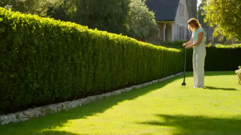 Alguien poda un seto en el jardín