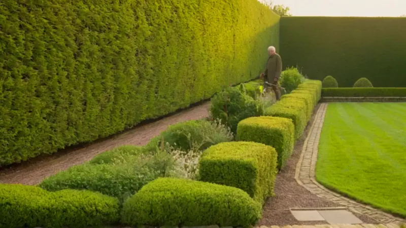 Figura podando un jardín en el atardecer