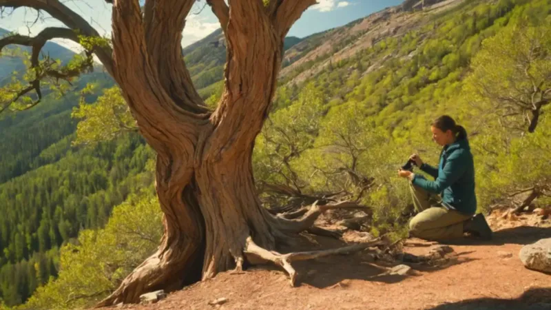 Una persona inspecciona un árbol en la montaña