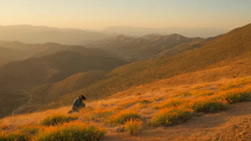 Una figura cultiva la tierra al atardecer