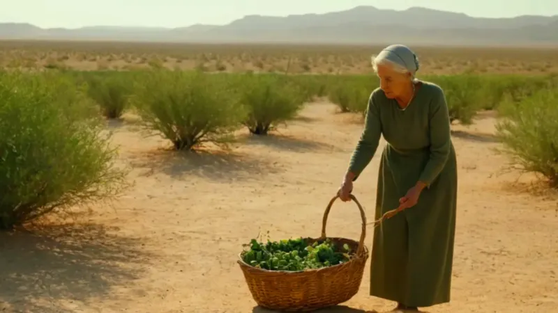 Anciana cosecha frutos en la tierra árida