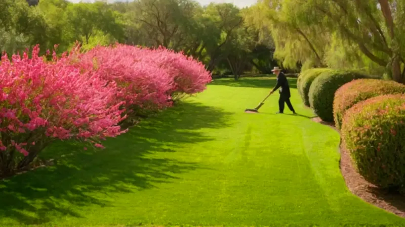 Un jardinero poda un tamarisco florido