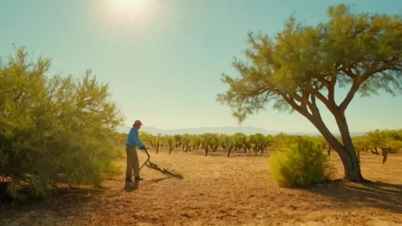 Jardinero podando un árbol bajo el sol