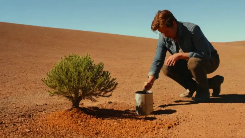Alguien riega una planta en tierra seca
