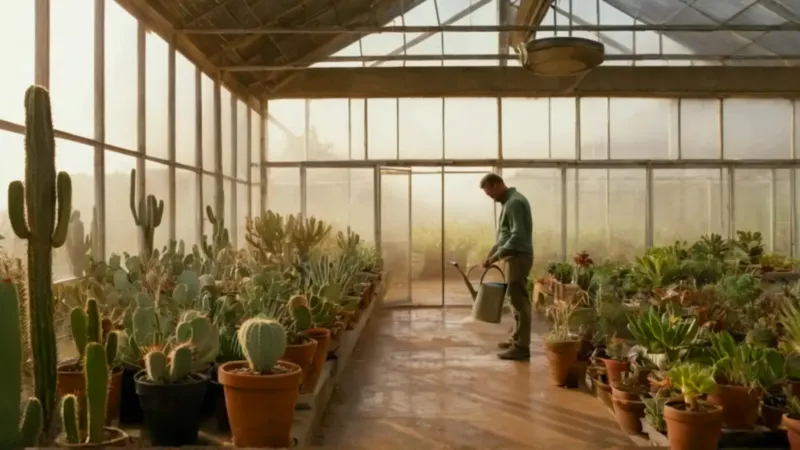 Una persona riega cactus en un invernadero
