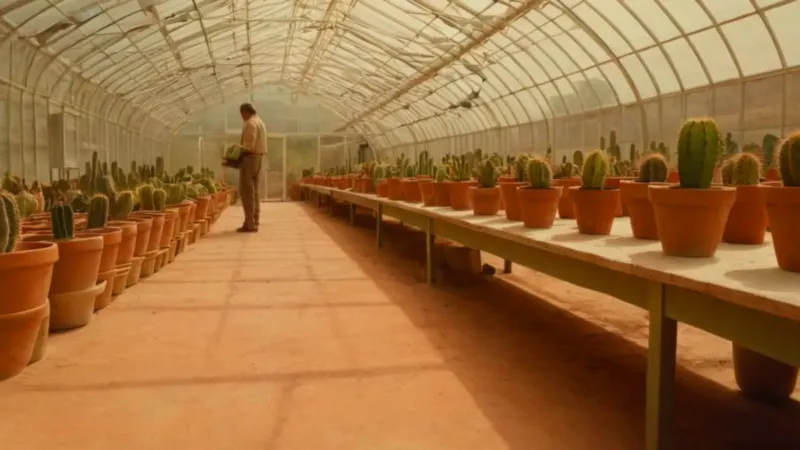 Una persona inspecciona cactus en un invernadero