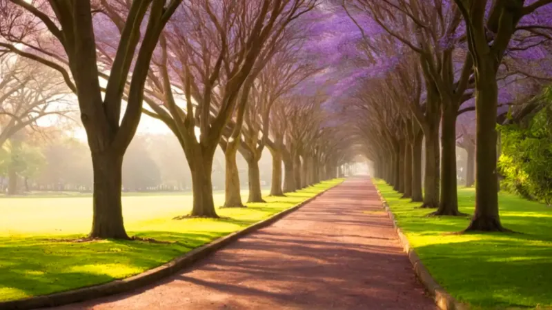 Paseo bajo un túnel de jacarandas
