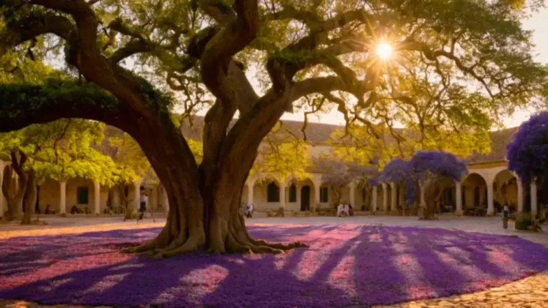 Un jacarandá violeta domina la plaza soleada