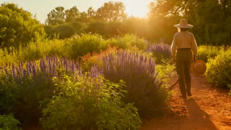 Persona cuidando un jardín en el atardecer