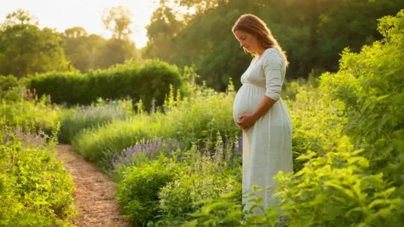 Mujer embarazada en un tranquilo jardín
