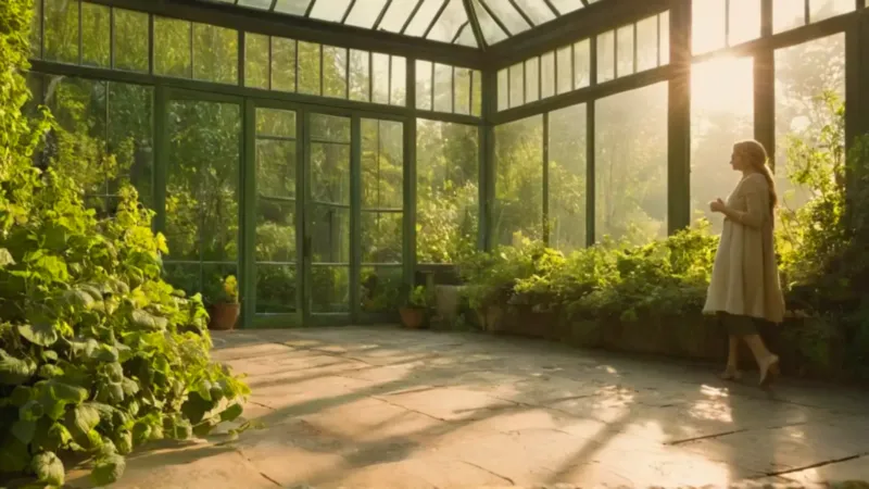 Silueta reflexiva en el invernadero iluminado