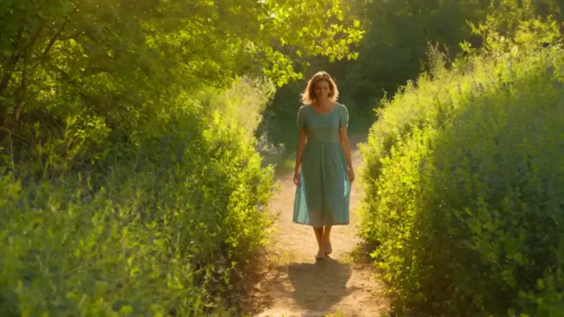 Mujer encorvada en un sendero sombreado