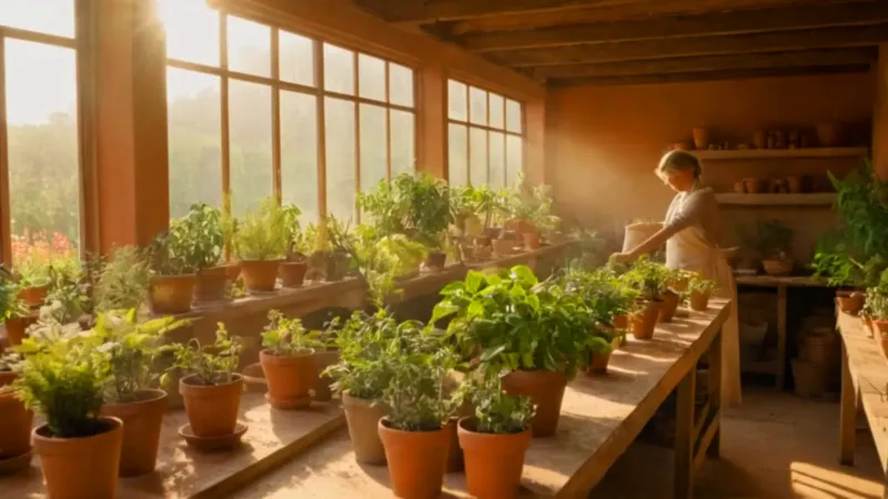 Persona cuidando una planta en un invernadero