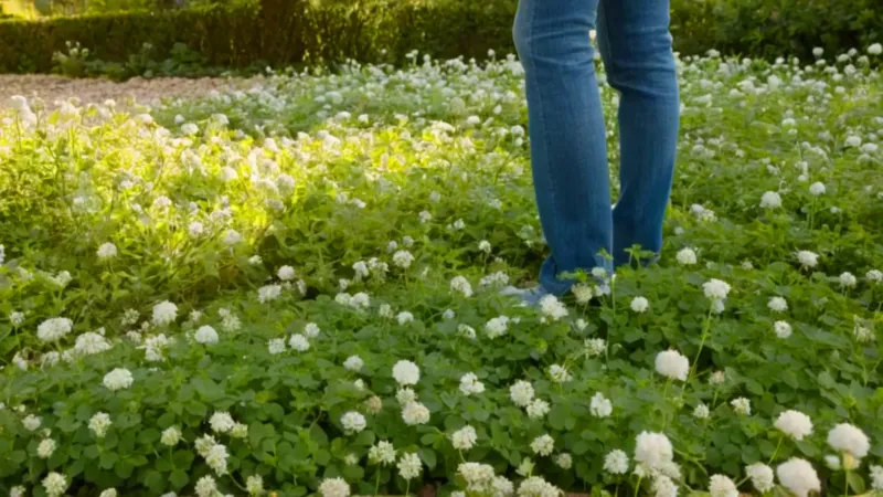 Persona acariciando tréboles bajo el sol poniente