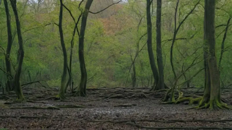 Una figura observa el denso paisaje húmedo