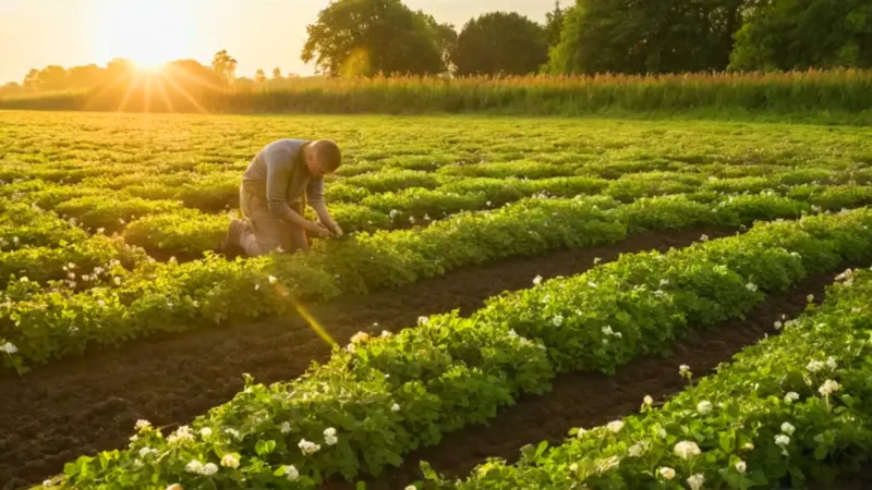 Persona inspeccionando un campo de trébol