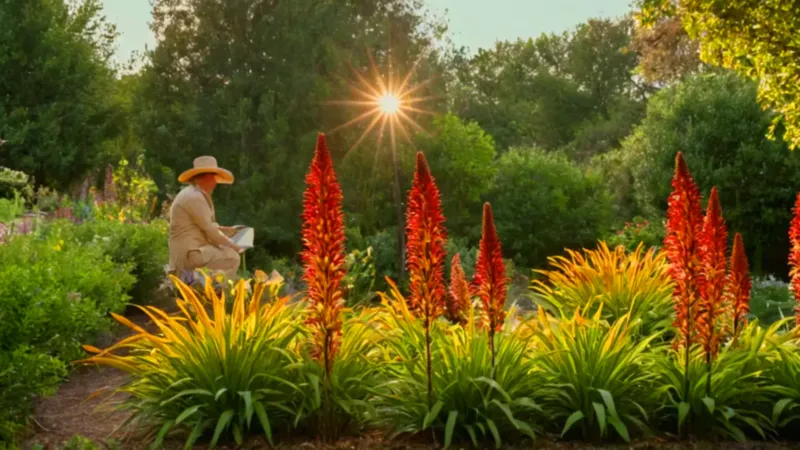 Jardinero entre lilios bajo el sol