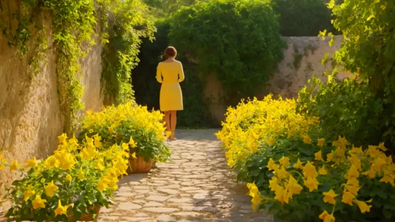 Mujer cuidando flores en un patio soleado