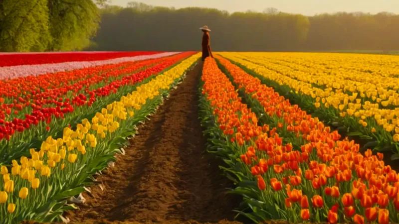 Una figura entre tulipanes al atardecer