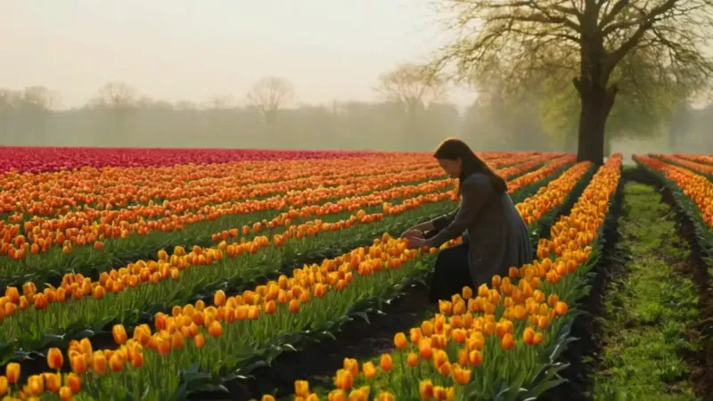 Figura solitaria entre tulipanes al atardecer