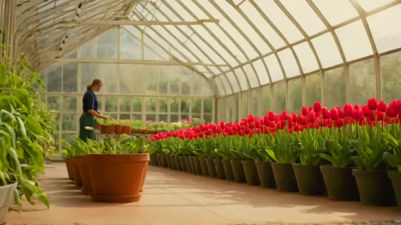 Alguien cuida tulipanes dentro de un invernadero