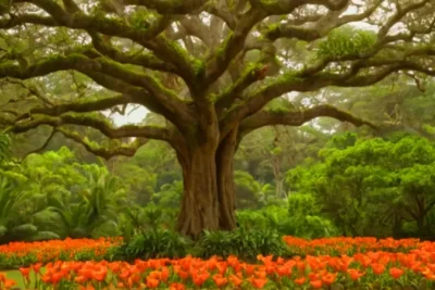 Un hombre observa un frondoso árbol tropical