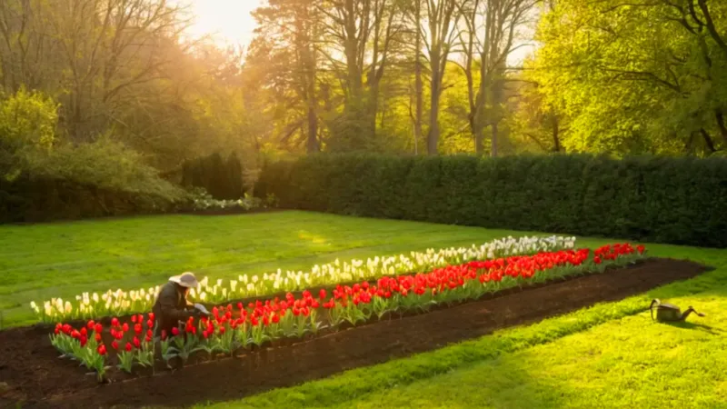 Una persona poda tulipanes en el jardín