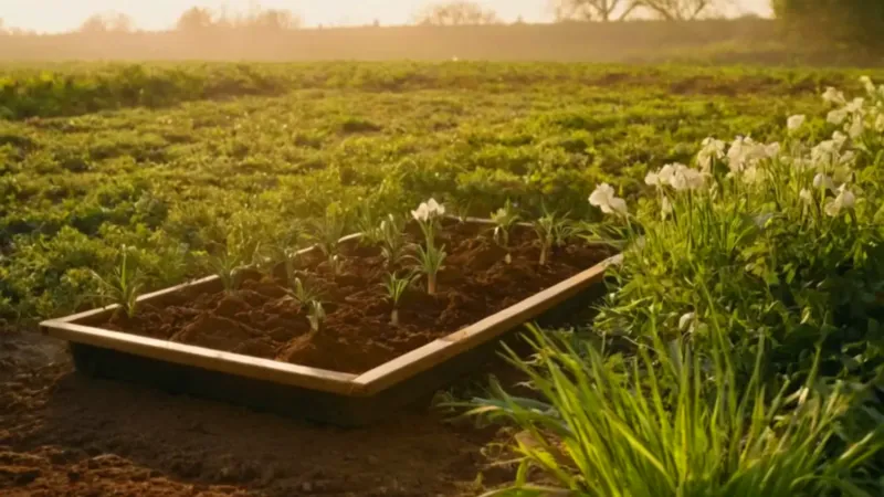 Una figura siembra bulbos en el huerto
