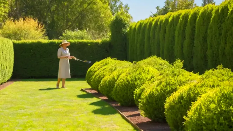 Jardinero podando un seto al atardecer