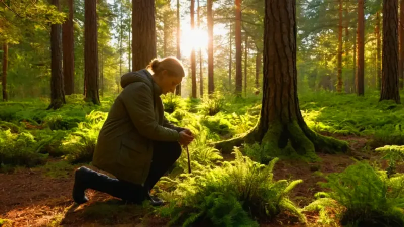 Alguien arrodillado cosecha frutos del bosque