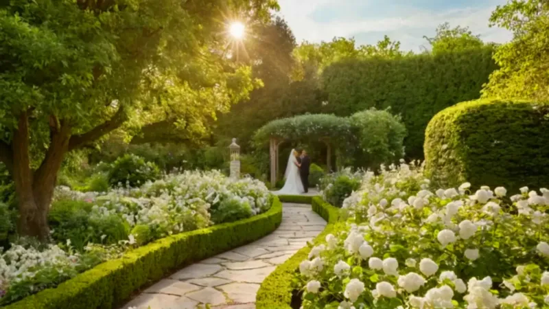 Jardín con un enorme árbol en flor
