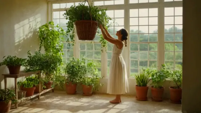 Mujer cuidando plantas en un solárium