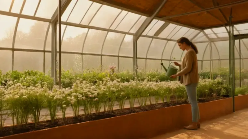 Persona cuida plantas en un invernadero