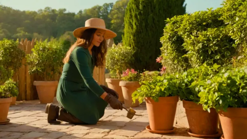 Una mujer cuida sus plantas en el jardín