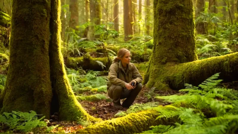 Una persona examina flores en el bosque