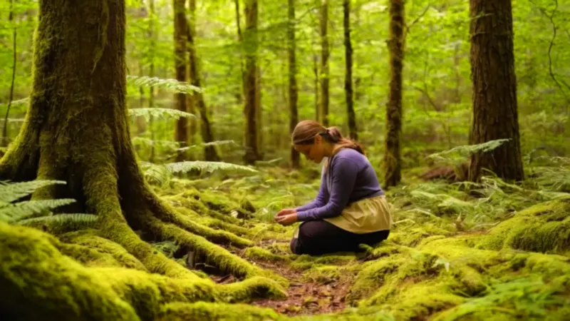 Alguien examina flores en el bosque