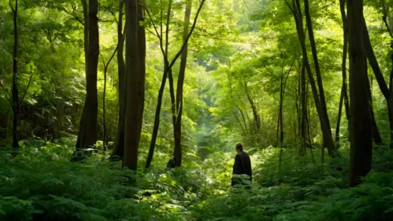 Figura empequeñecida por la inmensa vegetación