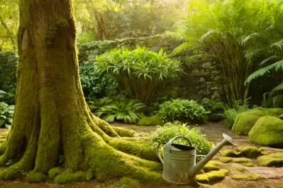 Persona cuida un árbol en jardín exuberante