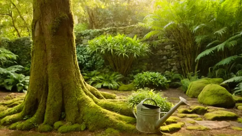 Persona cuida un árbol en jardín exuberante