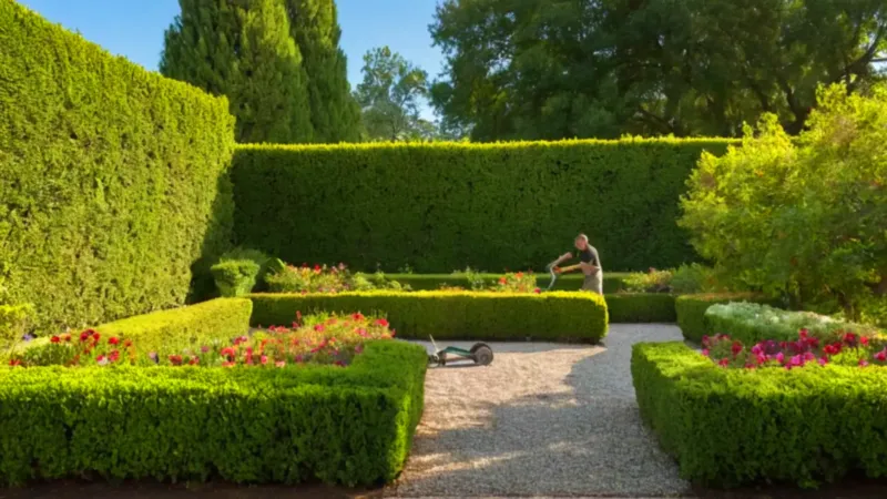 Un jardinero poda un seto cuidadosamente