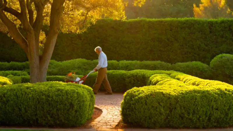 Atardecer tranquilo en un jardín bien cuidado