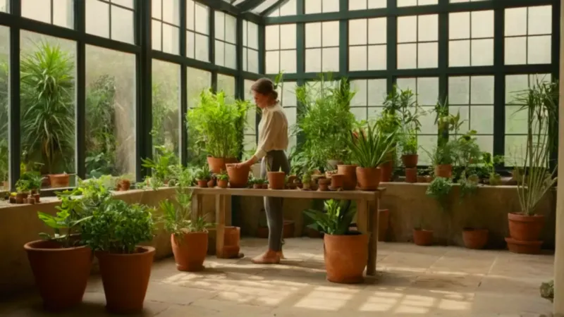 Persona cuidando plantas en un invernadero