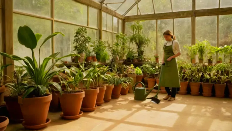 Jardinero regando plantas en un invernadero